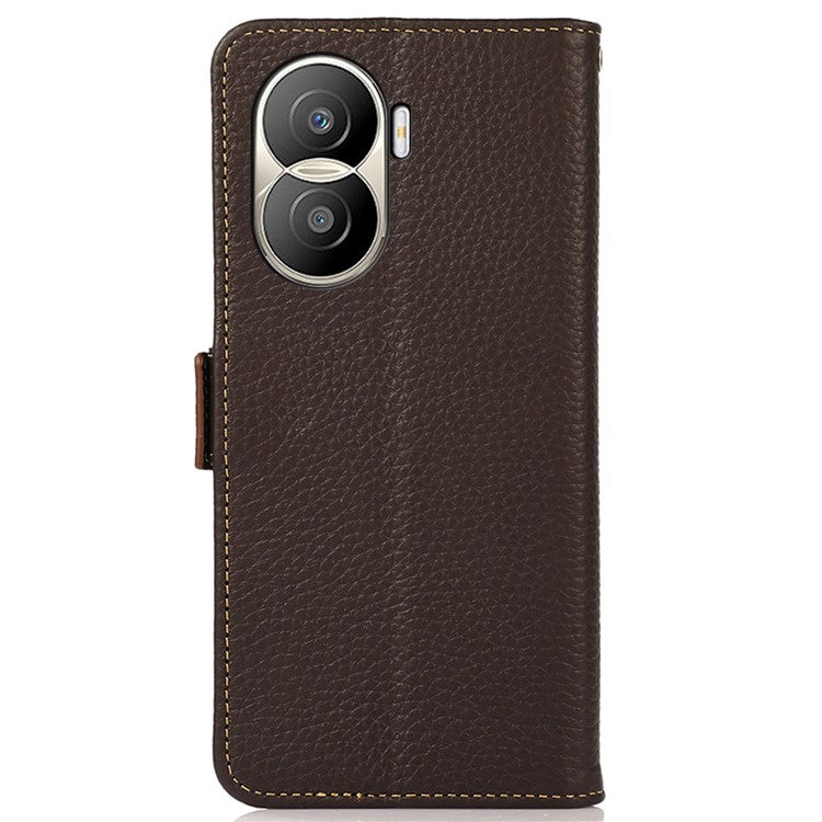 KHAZNEH for Honor X40i 5G RFID Blocking Flip Wallet Phone Case Litchi Texture Genuine Leather Stand Magnetic Closure Protective Cover - Brown