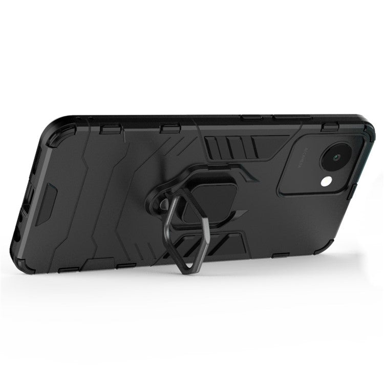 For Realme C30 4G Anti-wear Anti-scratch Ring Kickstand Phone Case Soft TPU Hard PC Anti-slip Rugged Back Cover - Black