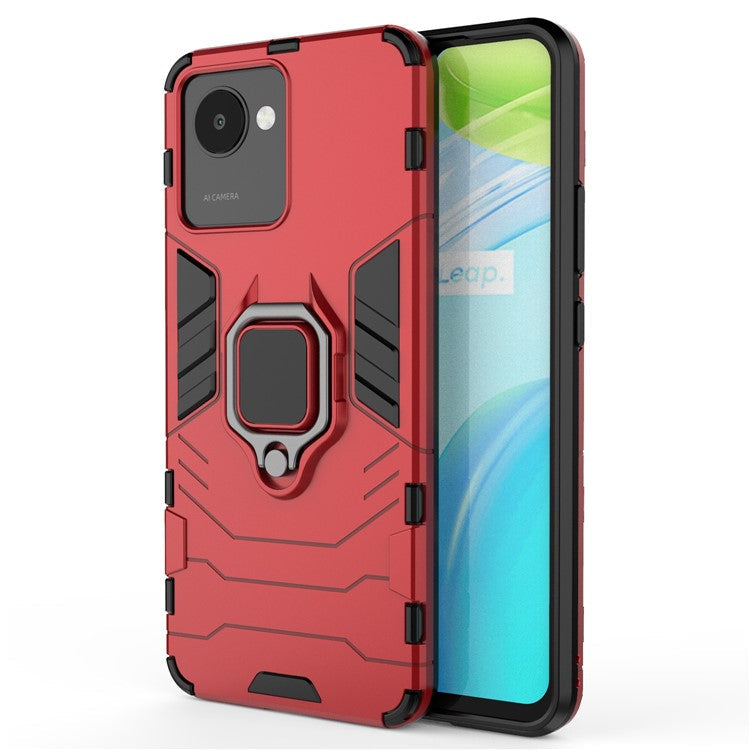 For Realme C30 4G Anti-wear Anti-scratch Ring Kickstand Phone Case Soft TPU Hard PC Anti-slip Rugged Back Cover - Red