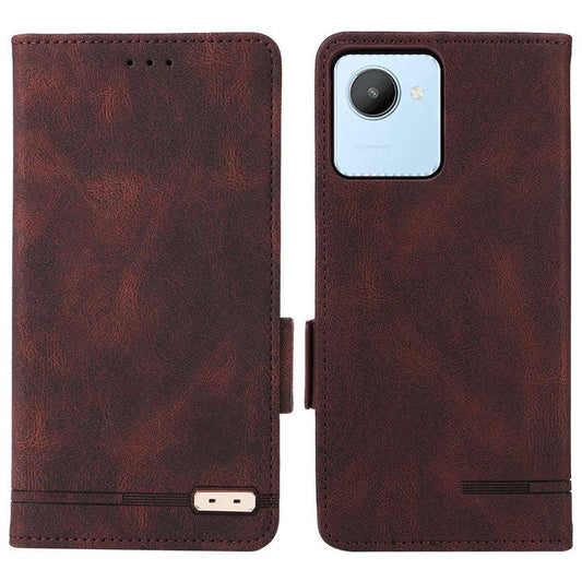 For Realme C30 4G Hardware Decor Cell Phone Case PU Leather Wallet Stand Shockproof Well-protected Shell - Coffee