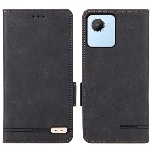 For Realme C30 4G Hardware Decor Cell Phone Case PU Leather Wallet Stand Shockproof Well-protected Shell - Black