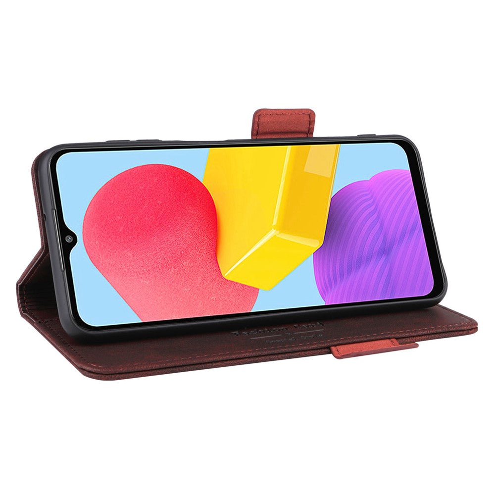 For Samsung Galaxy M13 4G Hardware Decor Phone Case PU Leather Wallet Folio Flip Stand Protective Cover - Coffee