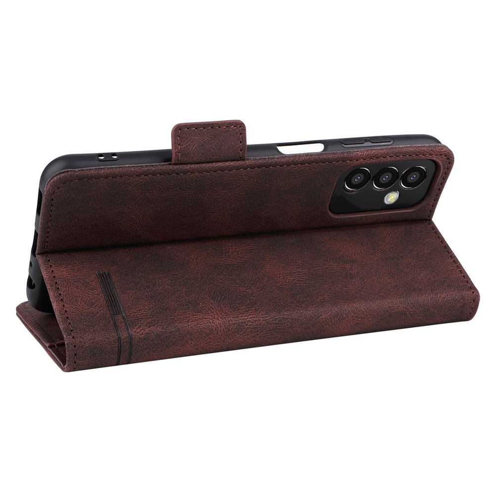 For Samsung Galaxy M13 4G Hardware Decor Phone Case PU Leather Wallet Folio Flip Stand Protective Cover - Coffee
