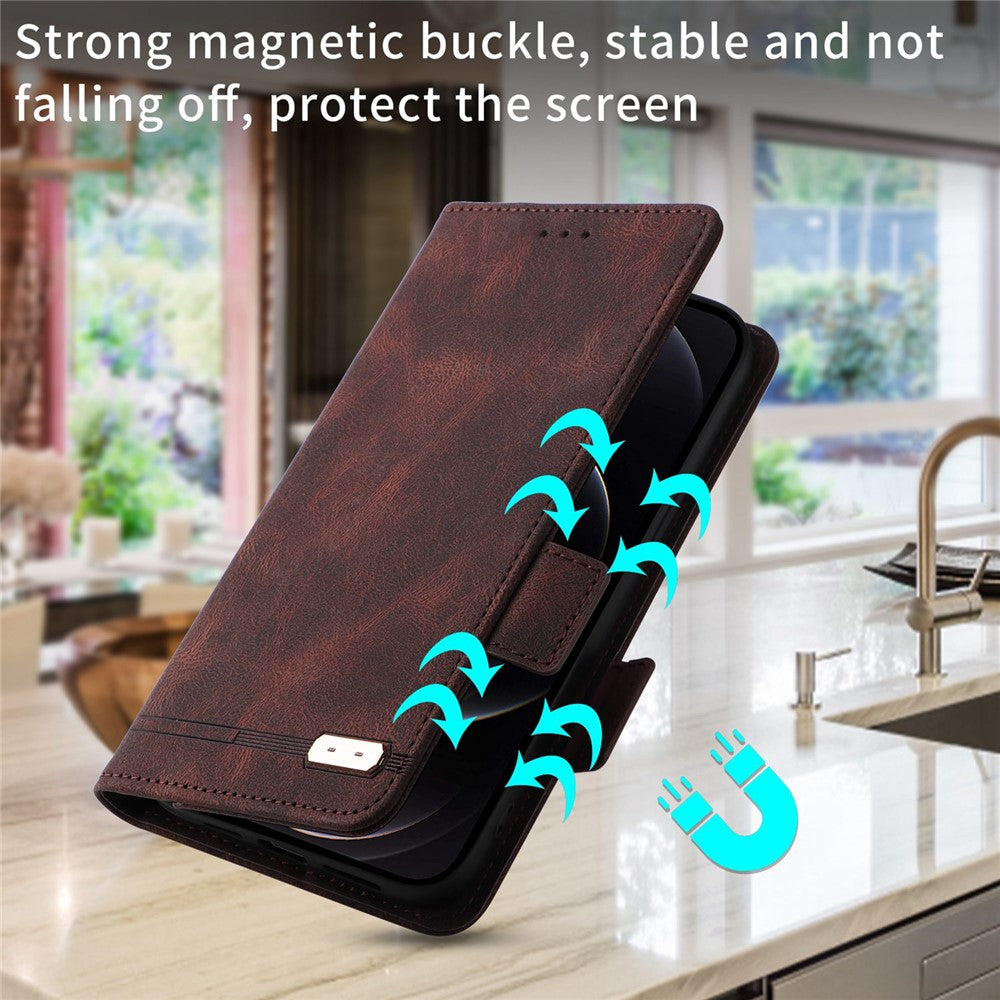 For Samsung Galaxy M13 4G Hardware Decor Phone Case PU Leather Wallet Folio Flip Stand Protective Cover - Coffee
