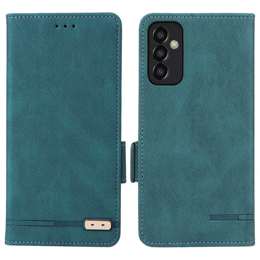 For Samsung Galaxy M13 4G Hardware Decor Phone Case PU Leather Wallet Folio Flip Stand Protective Cover - Blue