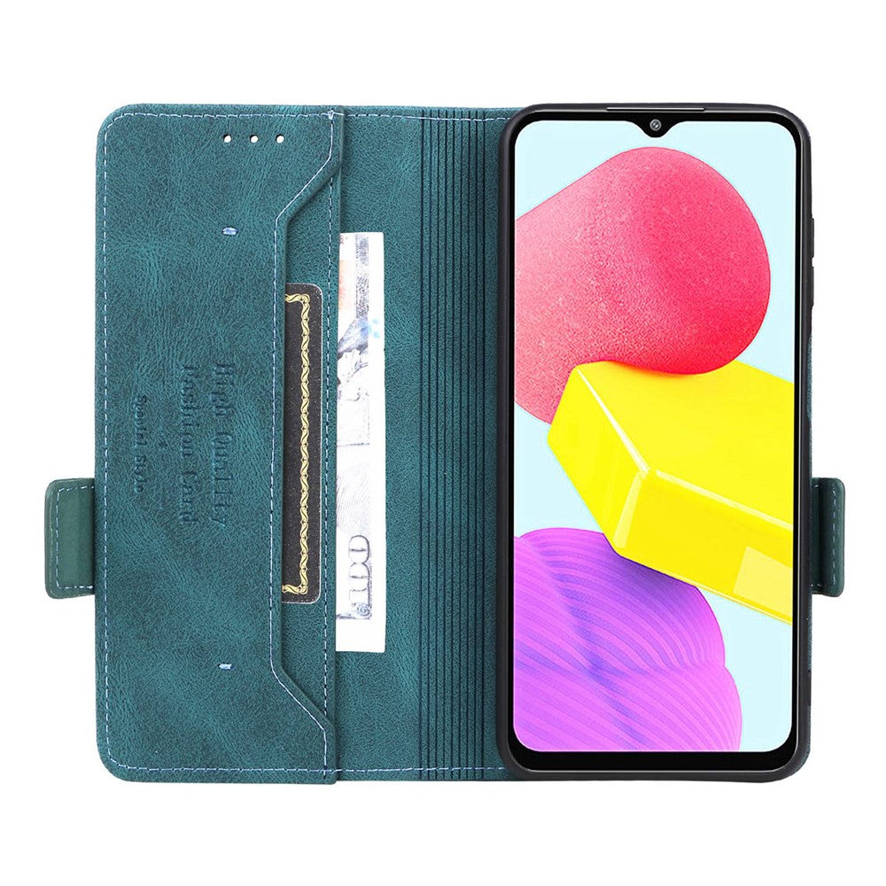 For Samsung Galaxy M13 4G Hardware Decor Phone Case PU Leather Wallet Folio Flip Stand Protective Cover - Blue