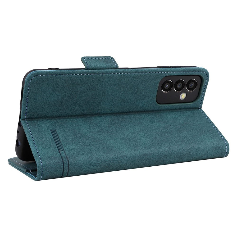 For Samsung Galaxy M13 4G Hardware Decor Phone Case PU Leather Wallet Folio Flip Stand Protective Cover - Blue