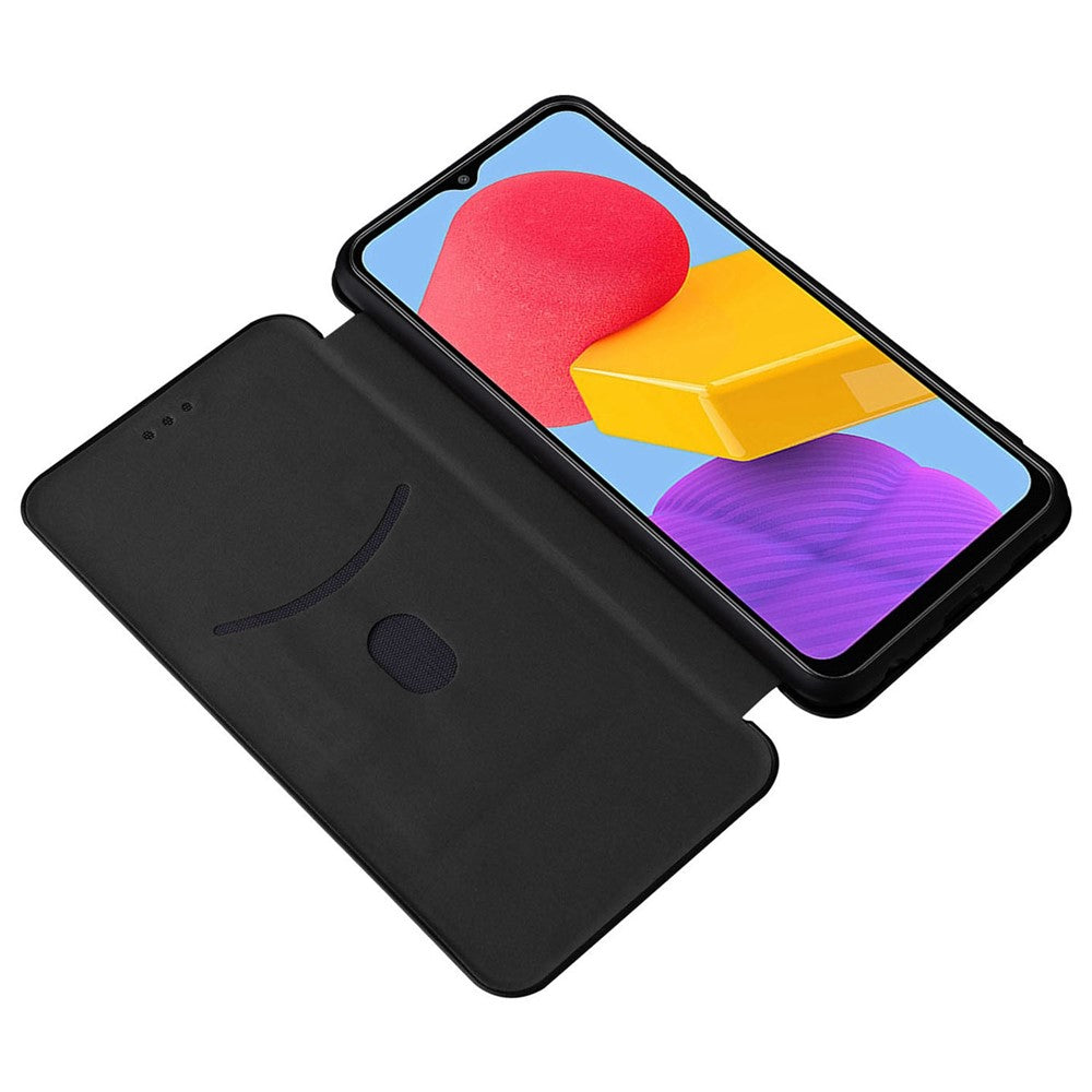 For Samsung Galaxy M13 4G Card Holder Phone Case Carbon Fiber Texture PU Leather Protective Cover with Stand - Black