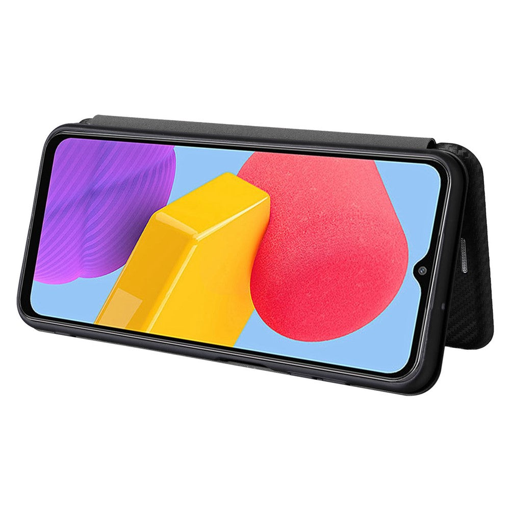 For Samsung Galaxy M13 4G Card Holder Phone Case Carbon Fiber Texture PU Leather Protective Cover with Stand - Black