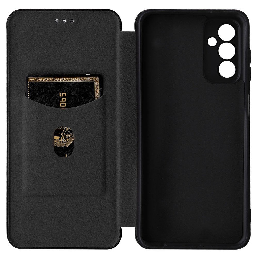 For Samsung Galaxy M13 4G Card Holder Phone Case Carbon Fiber Texture PU Leather Protective Cover with Stand - Black