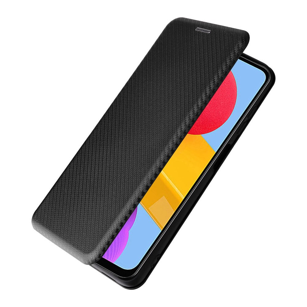 For Samsung Galaxy M13 4G Card Holder Phone Case Carbon Fiber Texture PU Leather Protective Cover with Stand - Black