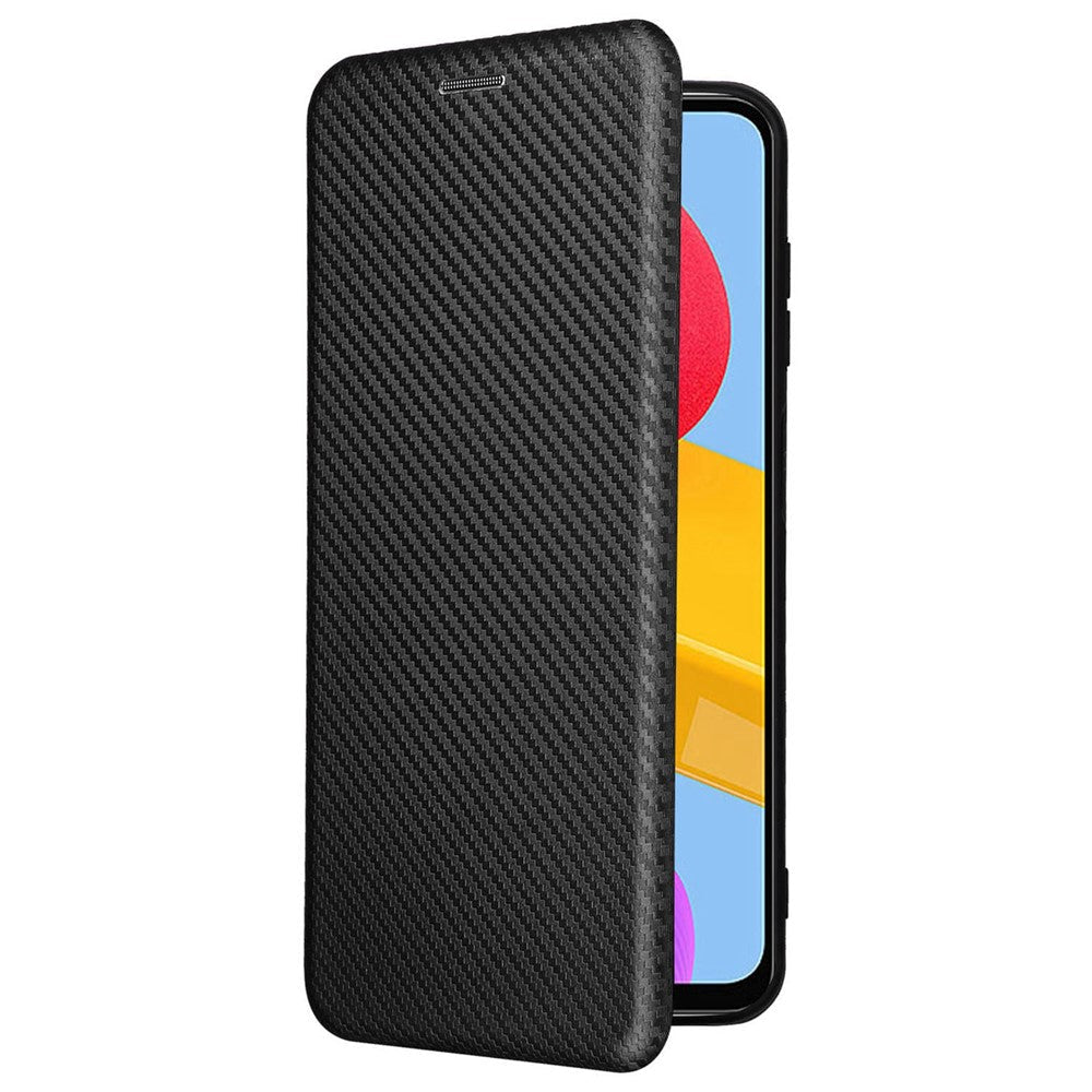 For Samsung Galaxy M13 4G Card Holder Phone Case Carbon Fiber Texture PU Leather Protective Cover with Stand - Black