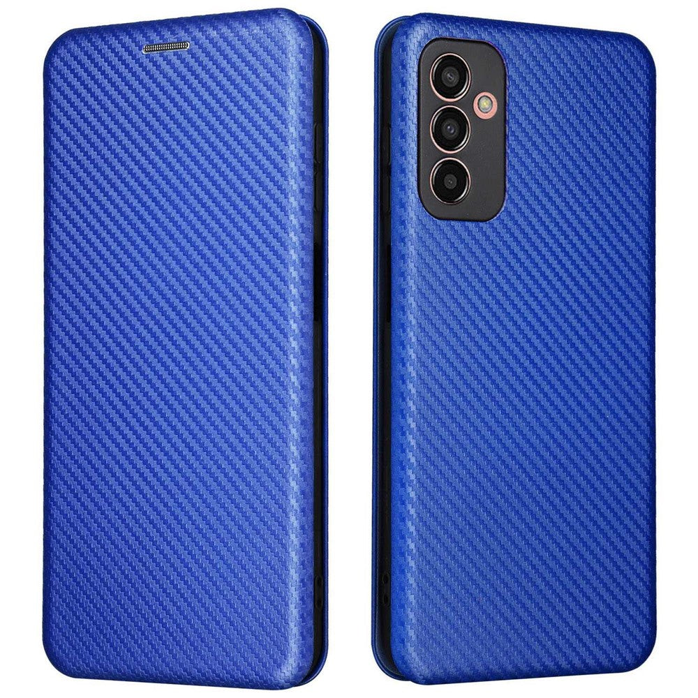 For Samsung Galaxy M13 4G Card Holder Phone Case Carbon Fiber Texture PU Leather Protective Cover with Stand - Blue