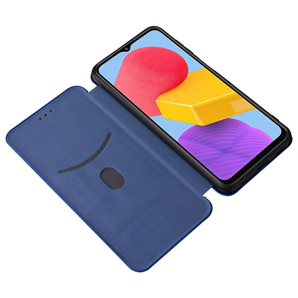 For Samsung Galaxy M13 4G Card Holder Phone Case Carbon Fiber Texture PU Leather Protective Cover with Stand - Blue