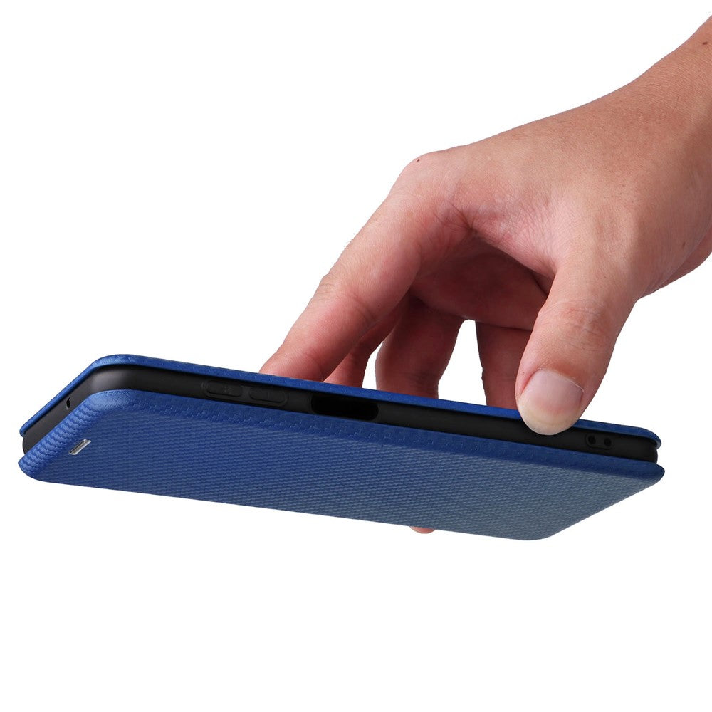 For Samsung Galaxy M13 4G Card Holder Phone Case Carbon Fiber Texture PU Leather Protective Cover with Stand - Blue