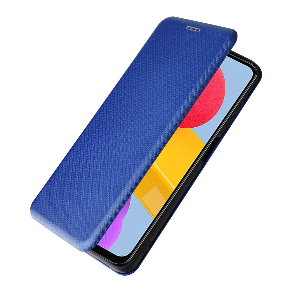 For Samsung Galaxy M13 4G Card Holder Phone Case Carbon Fiber Texture PU Leather Protective Cover with Stand - Blue