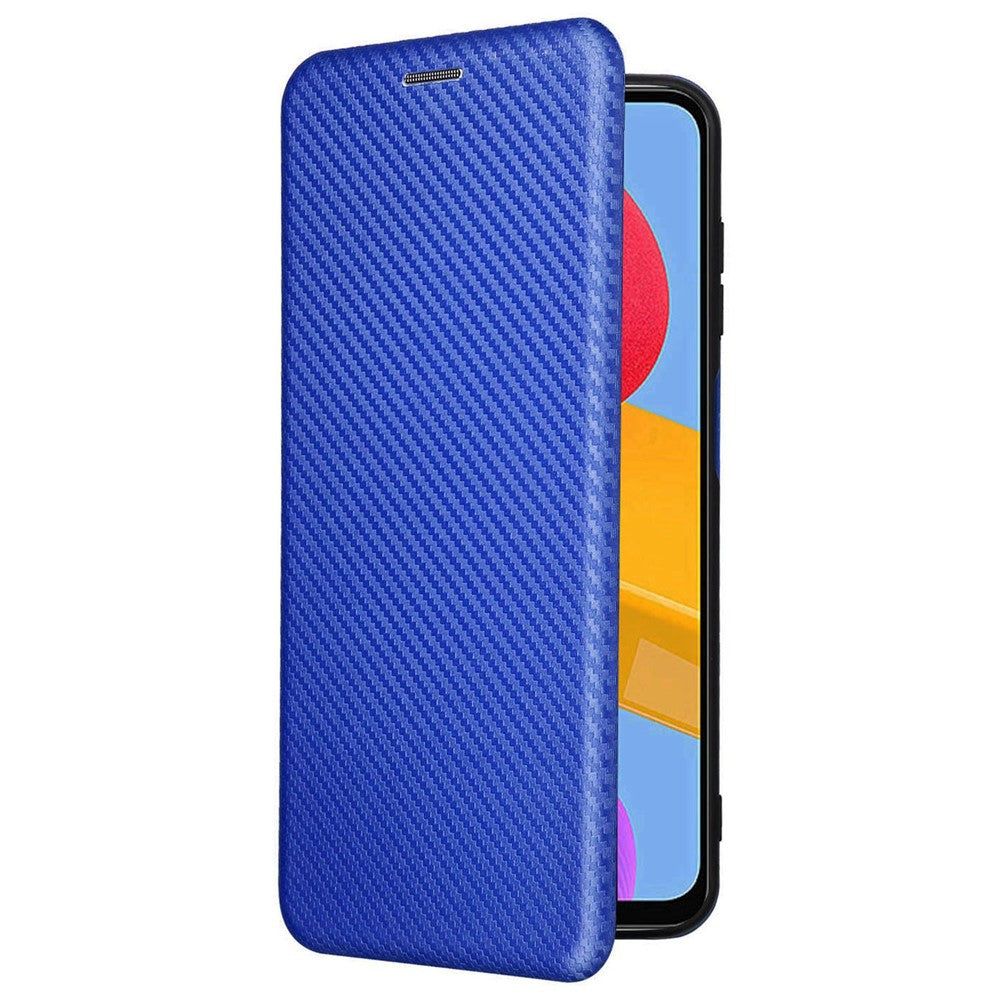 For Samsung Galaxy M13 4G Card Holder Phone Case Carbon Fiber Texture PU Leather Protective Cover with Stand - Blue