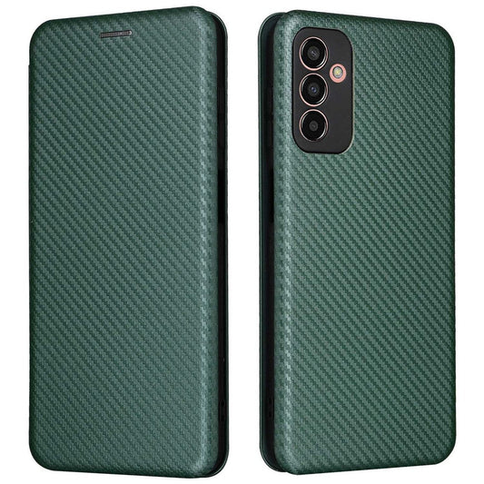 For Samsung Galaxy M13 4G Card Holder Phone Case Carbon Fiber Texture PU Leather Protective Cover with Stand - Green