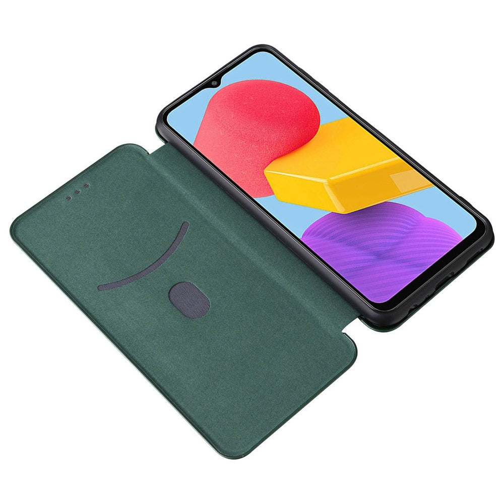 For Samsung Galaxy M13 4G Card Holder Phone Case Carbon Fiber Texture PU Leather Protective Cover with Stand - Green