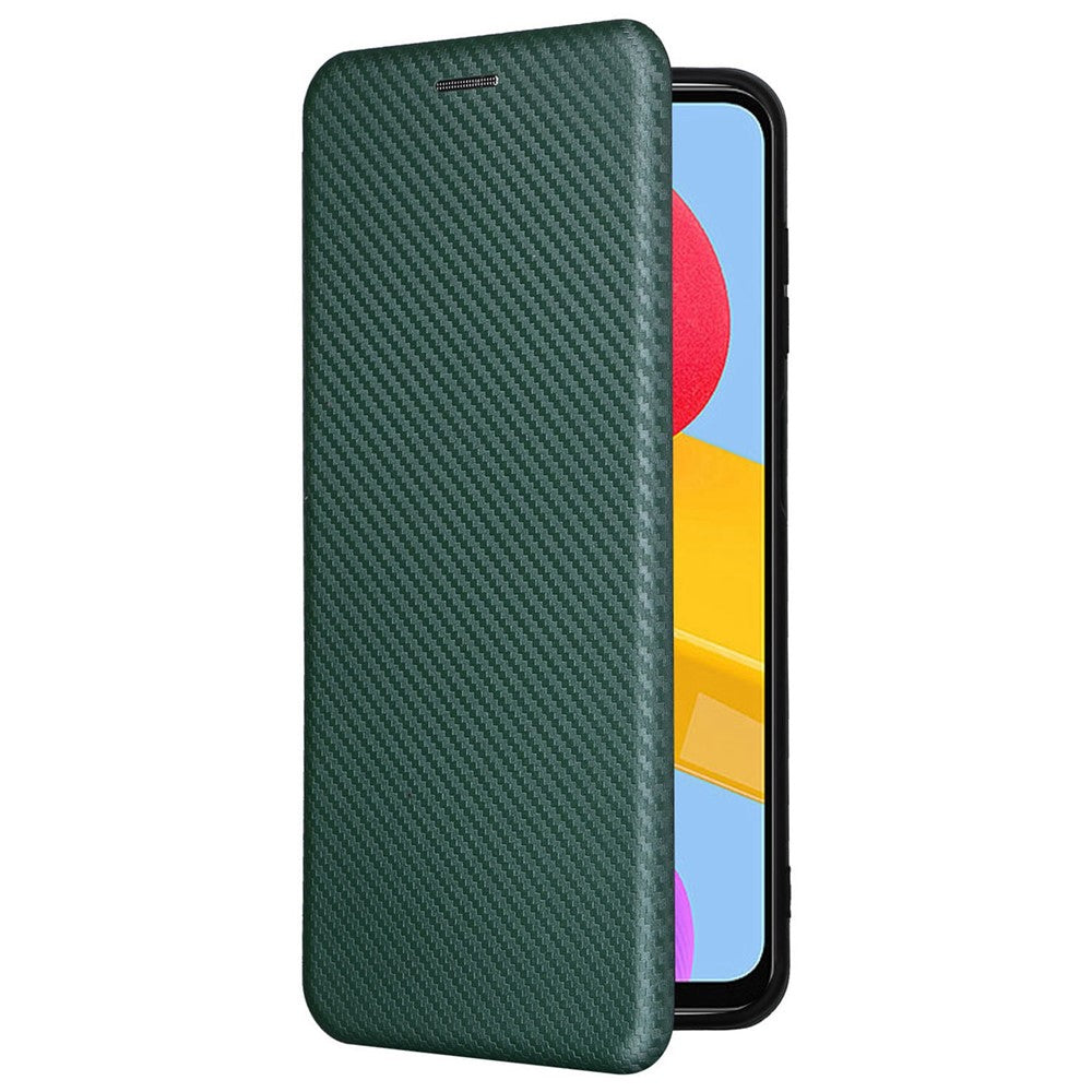 For Samsung Galaxy M13 4G Card Holder Phone Case Carbon Fiber Texture PU Leather Protective Cover with Stand - Green