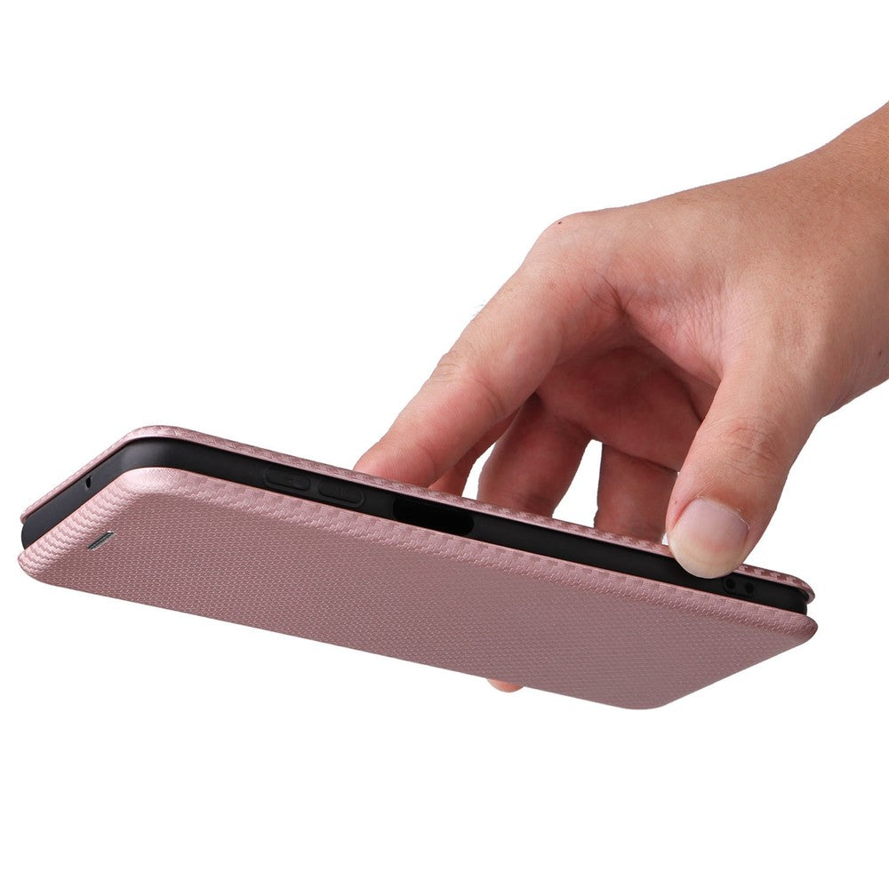 For Samsung Galaxy M13 4G Card Holder Phone Case Carbon Fiber Texture PU Leather Protective Cover with Stand - Rose Gold