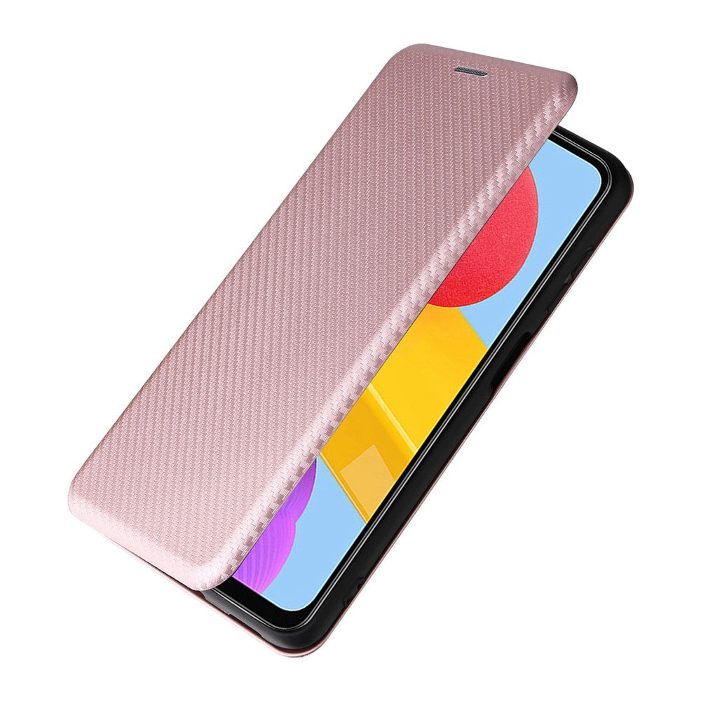 For Samsung Galaxy M13 4G Card Holder Phone Case Carbon Fiber Texture PU Leather Protective Cover with Stand - Rose Gold