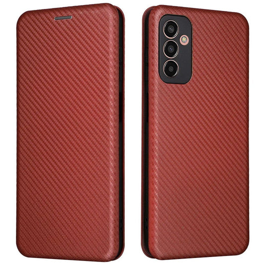 For Samsung Galaxy M13 4G Card Holder Phone Case Carbon Fiber Texture PU Leather Protective Cover with Stand - Brown