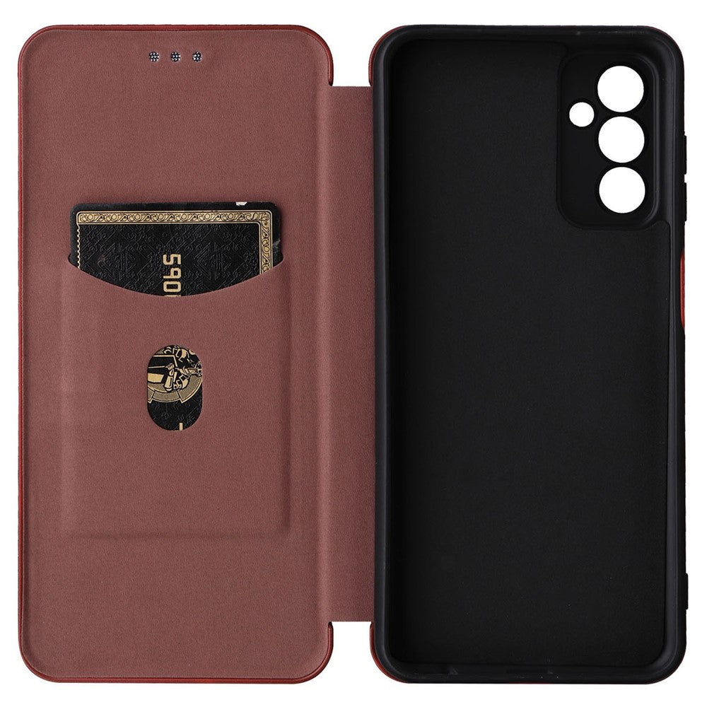 For Samsung Galaxy M13 4G Card Holder Phone Case Carbon Fiber Texture PU Leather Protective Cover with Stand - Brown