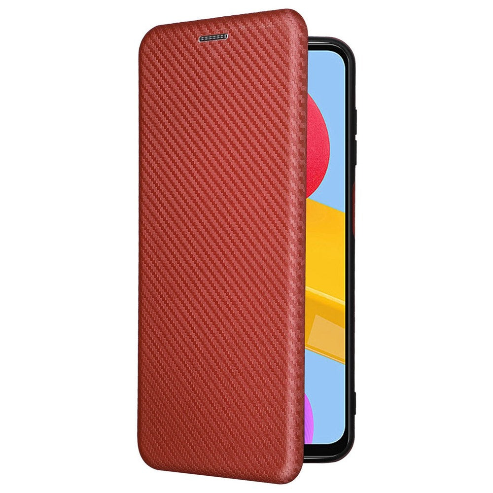 For Samsung Galaxy M13 4G Card Holder Phone Case Carbon Fiber Texture PU Leather Protective Cover with Stand - Brown