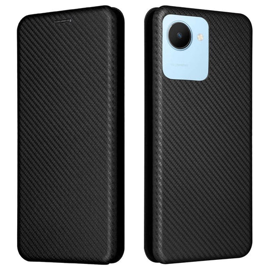 For Realme C30 4G Magnetic Auto Closing Carbon Fiber Texture Phone Case PU Leather Card Holder Cover with Ring Stand - Black