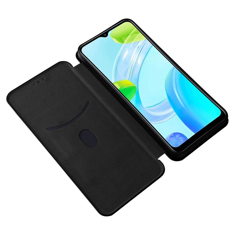 For Realme C30 4G Magnetic Auto Closing Carbon Fiber Texture Phone Case PU Leather Card Holder Cover with Ring Stand - Black