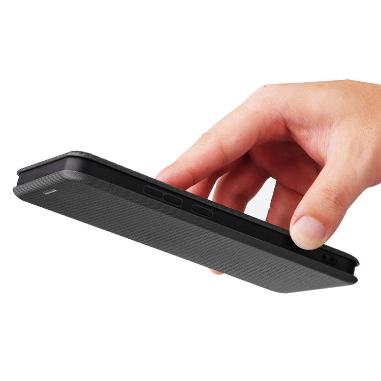 For Realme C30 4G Magnetic Auto Closing Carbon Fiber Texture Phone Case PU Leather Card Holder Cover with Ring Stand - Black