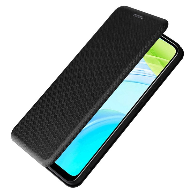 For Realme C30 4G Magnetic Auto Closing Carbon Fiber Texture Phone Case PU Leather Card Holder Cover with Ring Stand - Black
