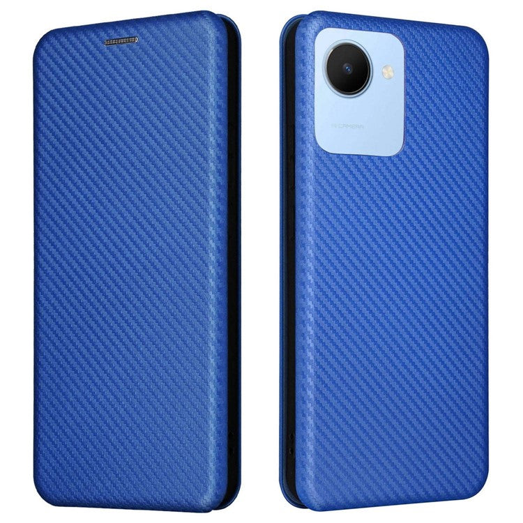 For Realme C30 4G Magnetic Auto Closing Carbon Fiber Texture Phone Case PU Leather Card Holder Cover with Ring Stand - Blue