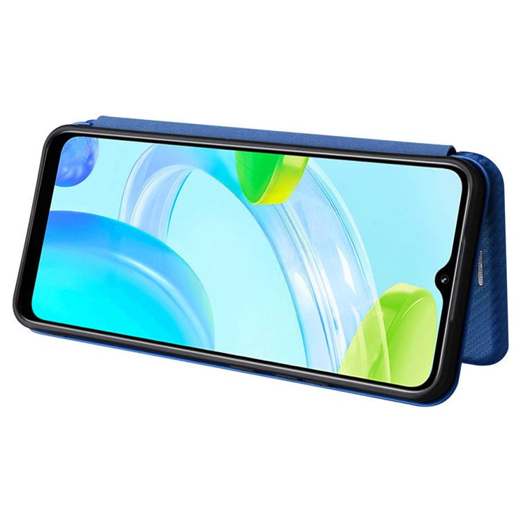 For Realme C30 4G Magnetic Auto Closing Carbon Fiber Texture Phone Case PU Leather Card Holder Cover with Ring Stand - Blue