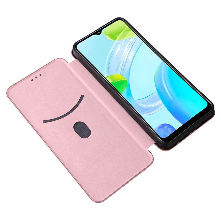 For Realme C30 4G Magnetic Auto Closing Carbon Fiber Texture Phone Case PU Leather Card Holder Cover with Ring Stand - Rose Gold