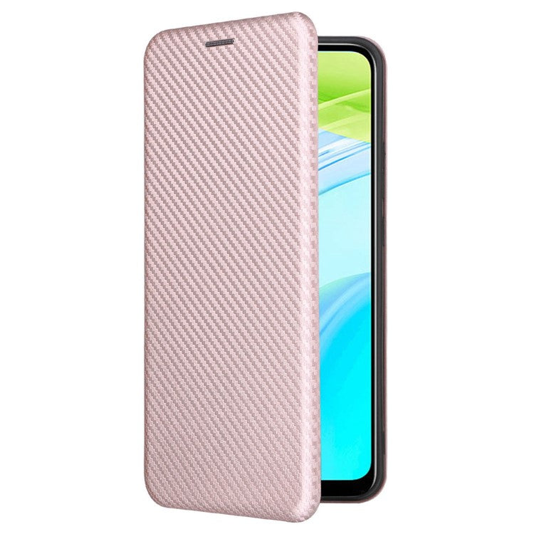 For Realme C30 4G Magnetic Auto Closing Carbon Fiber Texture Phone Case PU Leather Card Holder Cover with Ring Stand - Rose Gold