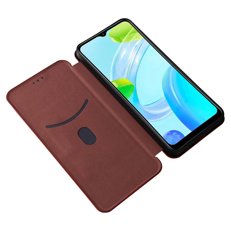 For Realme C30 4G Magnetic Auto Closing Carbon Fiber Texture Phone Case PU Leather Card Holder Cover with Ring Stand - Brown