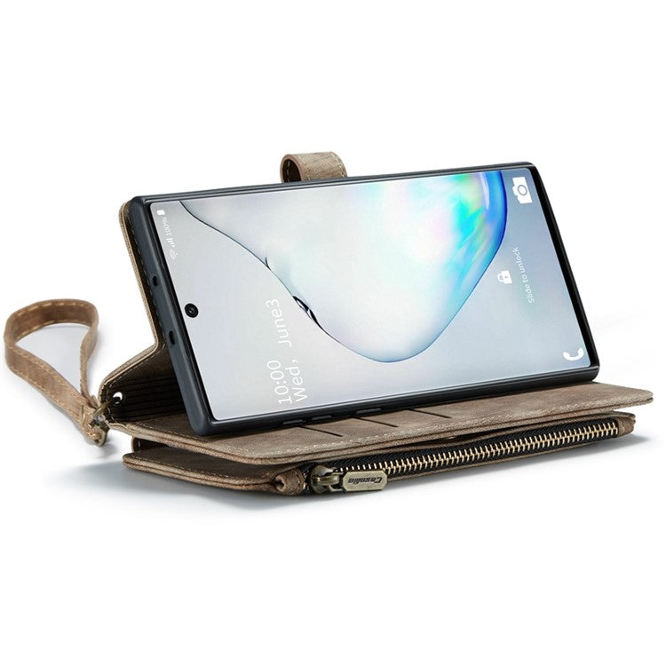 CASEME C30 Series for Samsung Galaxy Note 10 5G / 4G Anti-fall Zipper Pocket Wallet Cover with Strap Auto-Magnetic Stand Phone Flip Leather Case Card Holder - Brown