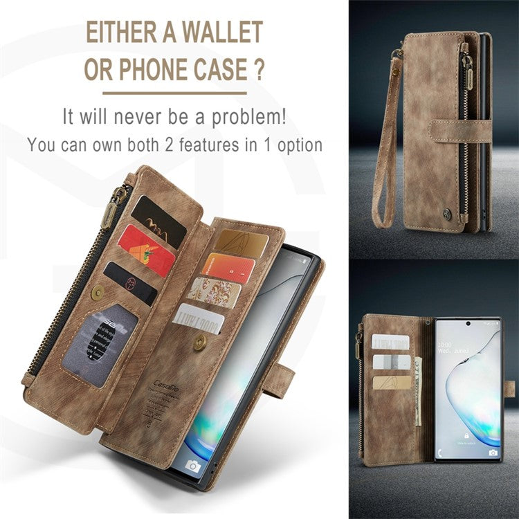 CASEME C30 Series for Samsung Galaxy Note 10 5G / 4G Anti-fall Zipper Pocket Wallet Cover with Strap Auto-Magnetic Stand Phone Flip Leather Case Card Holder - Brown