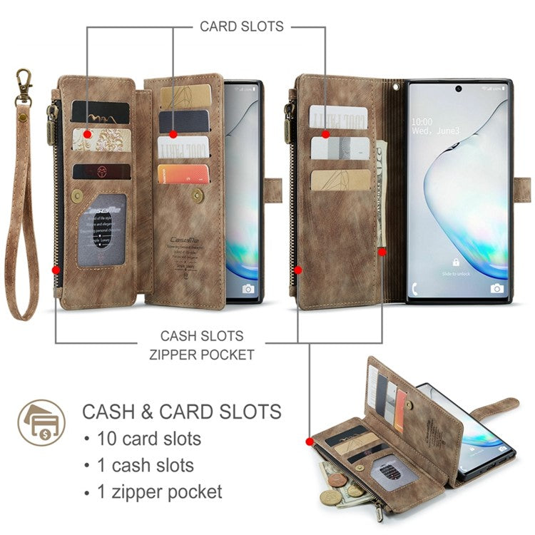 CASEME C30 Series for Samsung Galaxy Note 10 5G / 4G Anti-fall Zipper Pocket Wallet Cover with Strap Auto-Magnetic Stand Phone Flip Leather Case Card Holder - Brown