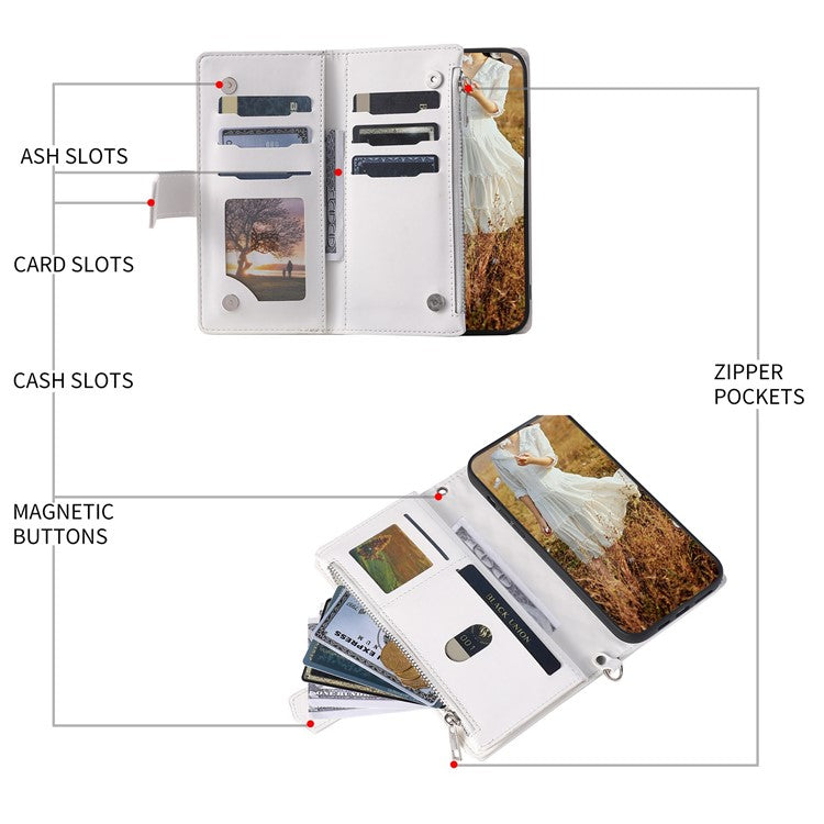 005 Style For Samsung Galaxy S22 Ultra 5G, Shockproof Phone Wallet Cover Zipper Pocket Anti-wear Case Rhombus Texture PU Leather Shell Stand with Strap Card Holder - White