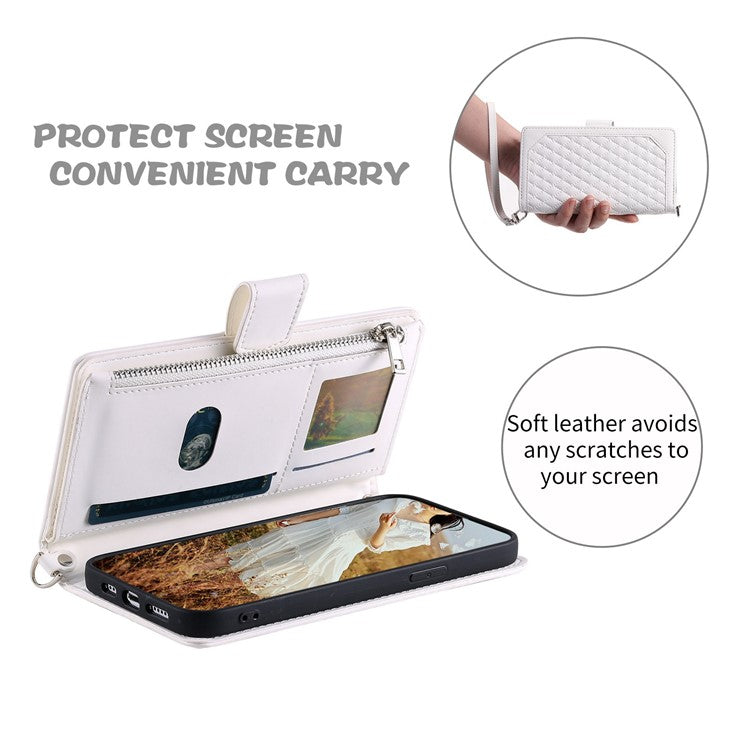 005 Style For Samsung Galaxy S22 Ultra 5G, Shockproof Phone Wallet Cover Zipper Pocket Anti-wear Case Rhombus Texture PU Leather Shell Stand with Strap Card Holder - White