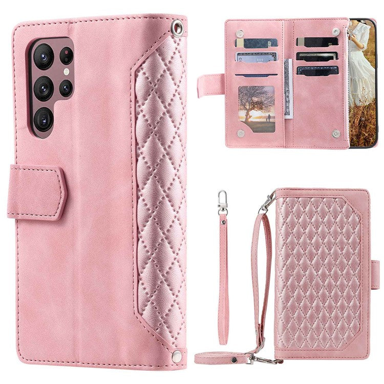 005 Style For Samsung Galaxy S22 Ultra 5G, Shockproof Phone Wallet Cover Zipper Pocket Anti-wear Case Rhombus Texture PU Leather Shell Stand with Strap Card Holder - Pink