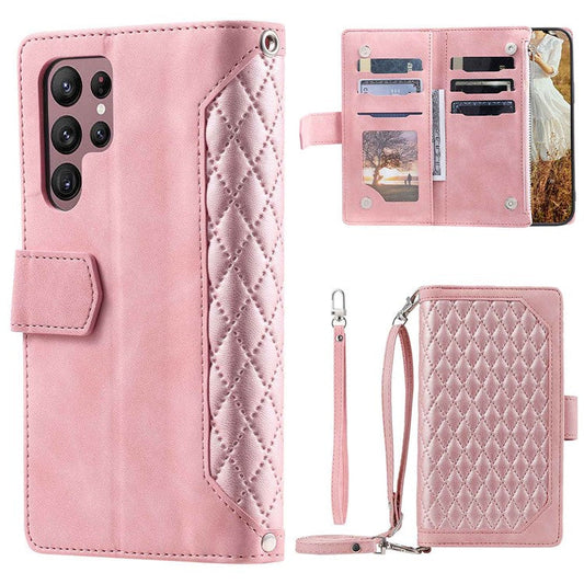 005 Style For Samsung Galaxy S22 Ultra 5G, Shockproof Phone Wallet Cover Zipper Pocket Anti-wear Case Rhombus Texture PU Leather Shell Stand with Strap Card Holder - Pink