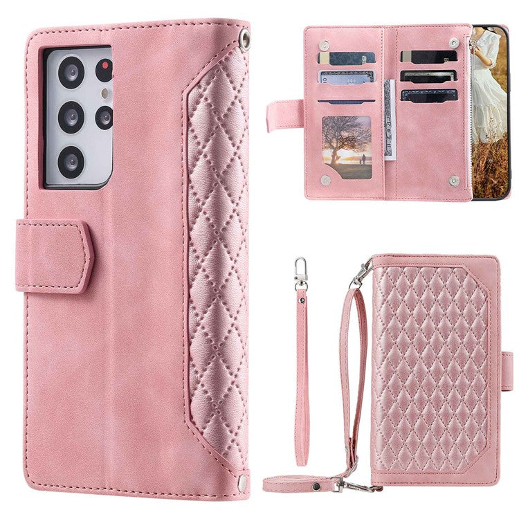 005 Style For Samsung Galaxy S21 Ultra 5G, Full Protection Phone Wallet Cover Zipper Pocket Case Rhombus Texture PU Leather Shell Stand with Strap Card Holder - Pink