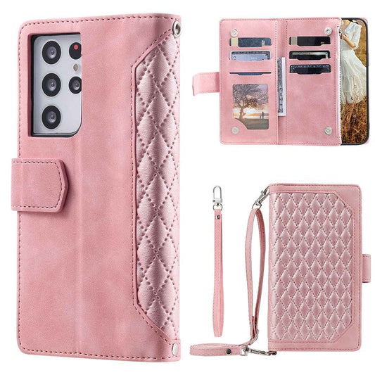 005 Style For Samsung Galaxy S21 Ultra 5G, Full Protection Phone Wallet Cover Zipper Pocket Case Rhombus Texture PU Leather Shell Stand with Strap Card Holder - Pink