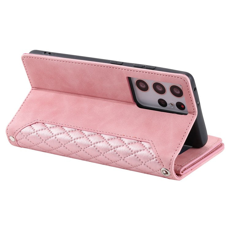 005 Style For Samsung Galaxy S21 Ultra 5G, Full Protection Phone Wallet Cover Zipper Pocket Case Rhombus Texture PU Leather Shell Stand with Strap Card Holder - Pink