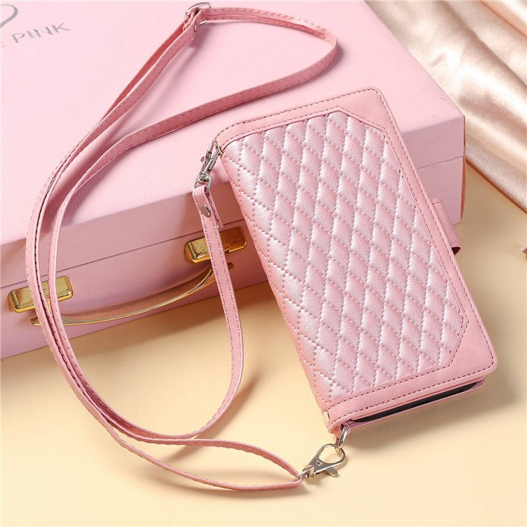 005 Style For Samsung Galaxy S21 Ultra 5G, Full Protection Phone Wallet Cover Zipper Pocket Case Rhombus Texture PU Leather Shell Stand with Strap Card Holder - Pink