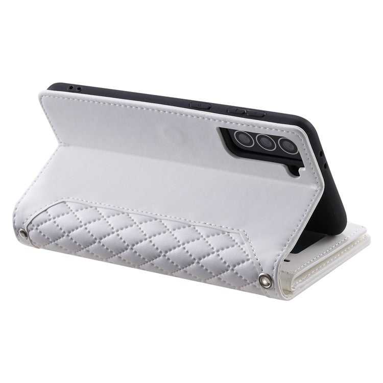 005 Style For Samsung Galaxy S21 FE 5G, Anti-scratch Zipper Pocket Phone Cover Rhombus Texture PU Leather Anti-fall Wallet Case Stand with Strap Card Holder - White